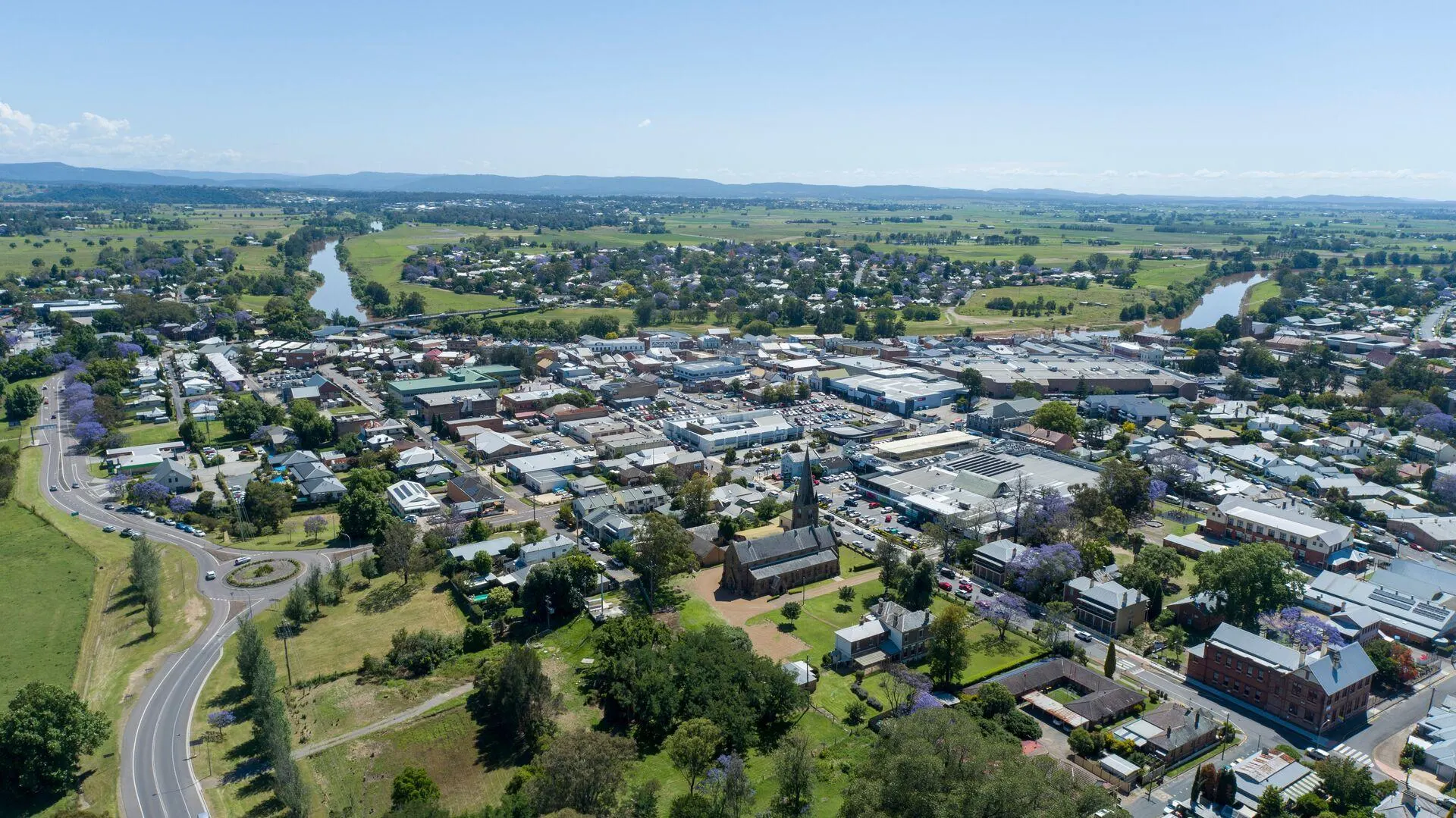 Aerial view over Central Maitland and the Hunter River, the centre of our Maitland electrician service area